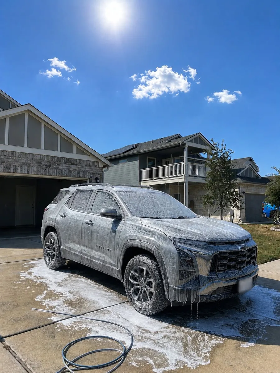 SUV covered in thick wash foam during a mobile detail